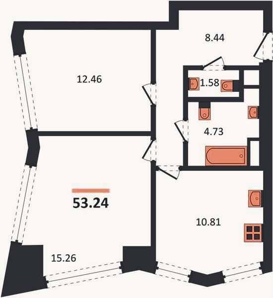 Планировка: 2-к, 53,2 м²