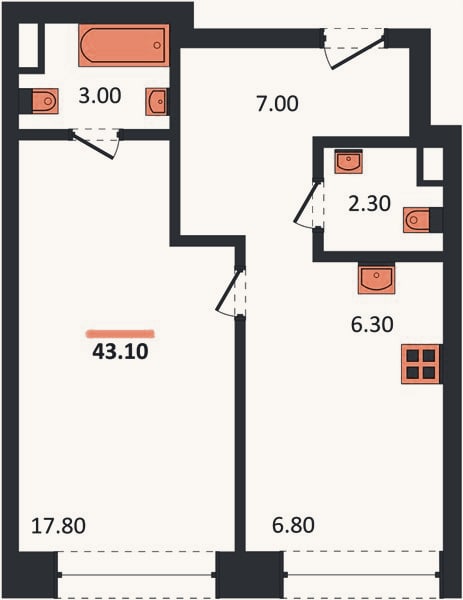 Планировка: 1-к, 43,1 м²