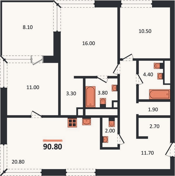 Планировка: 3-к, 90,8 м²