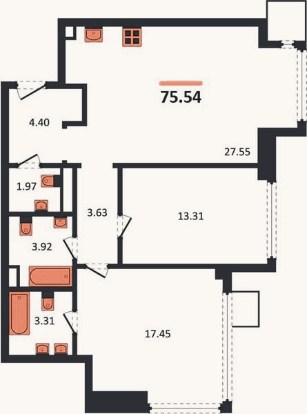 Планировка: 2-к, 75,5 м²