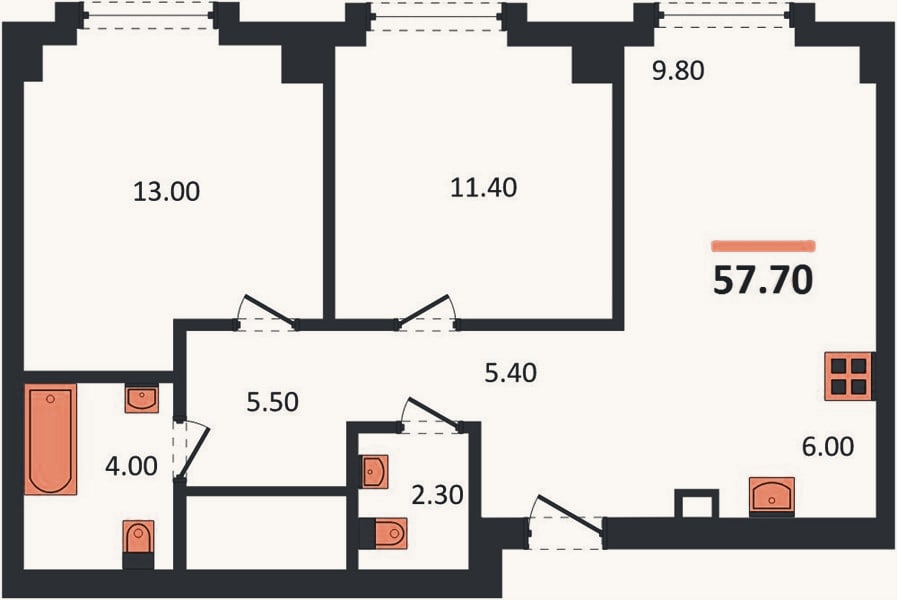 Планировка: 2-к, 57,7 м²