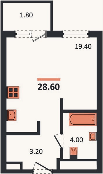 Планировка: Студия, 28,6 м²