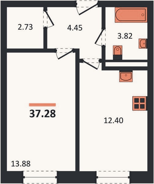 Планировка: 1-к, 37,3 м²