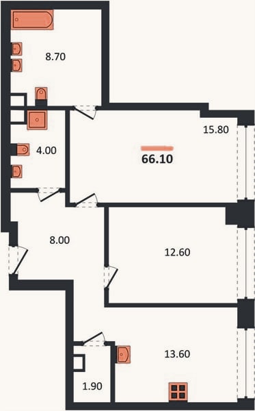 Планировка: 2-к, 66,1 м²