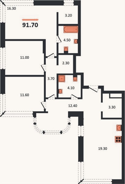 Планировка: 3-к, 91,7 м²