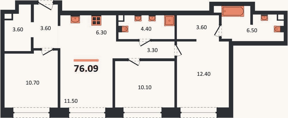 Планировка: 3-к, 76,1 м²
