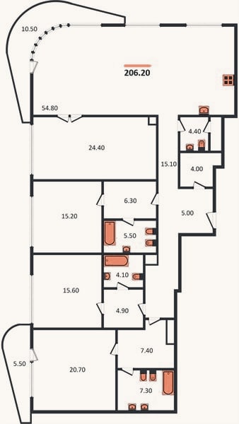 Планировка: 4+ к, 206,2 м²