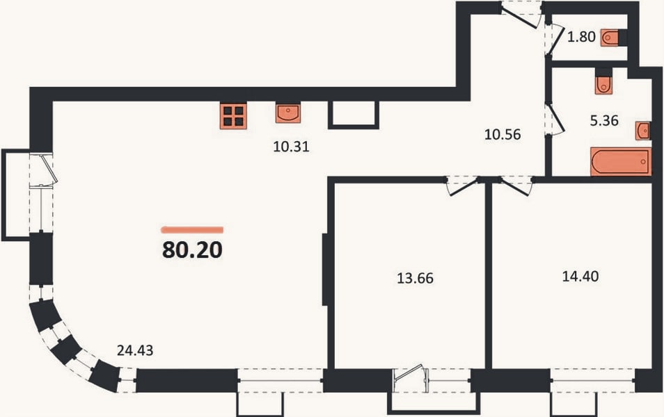 Планировка: 2-к, 80,2 м²