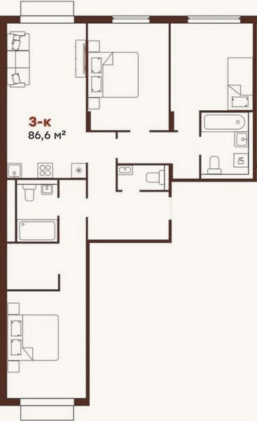 Планировка: 2-к, 86,6 м²