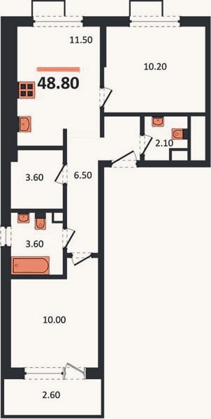 Планировка: 2-к, 48,8 м²