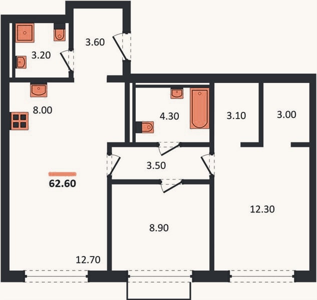 Планировка: 2-к, 62,6 м²