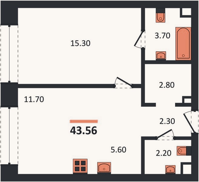 Планировка: 1-к, 43,6 м²
