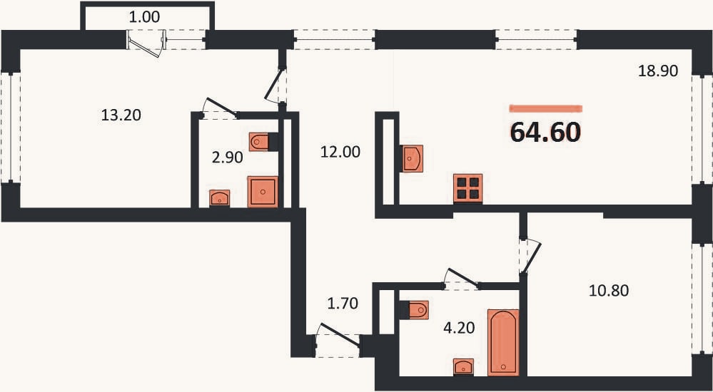 Планировка: 2-к, 64,6 м²