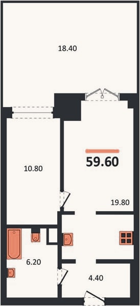 Планировка: 1-к, 59,6 м²