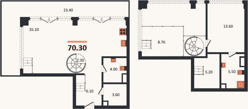 Планировка: 1-к, 70,3 м²