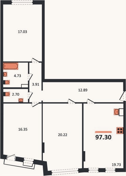 Планировка: 3-к, 97,3 м²