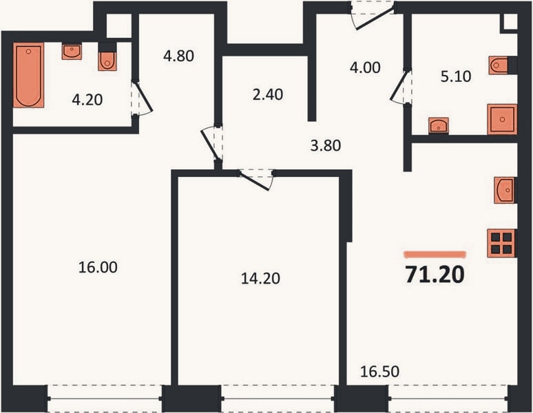 Планировка: 2-к, 71,2 м²