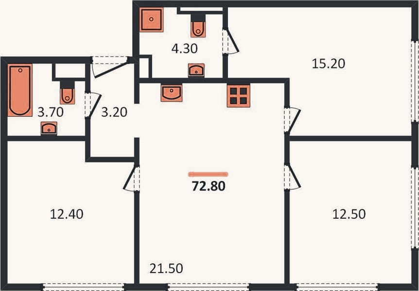 Планировка: 3-к, 73,3 м²