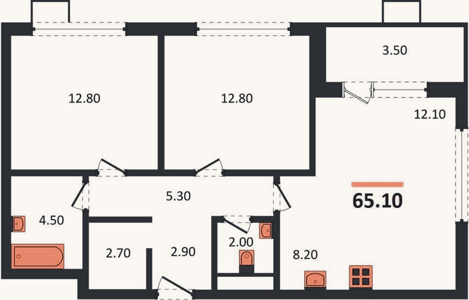 Планировка: 3-к, 65,1 м²