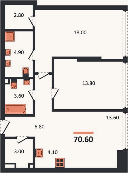 Планировка: 2-к, 70,6 м²