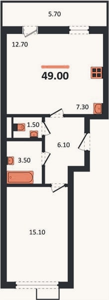 Планировка: 1-к, 49 м²