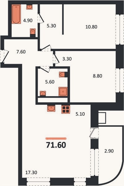 Планировка: 2-к, 71,6 м²