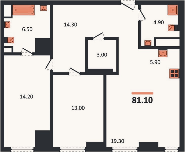 Планировка: 2-к, 81,1 м²
