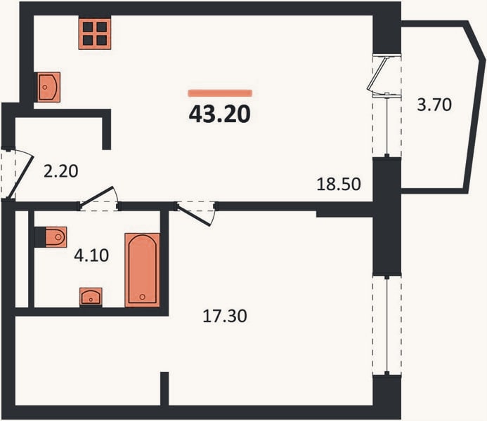 Планировка: 1-к, 43,2 м²