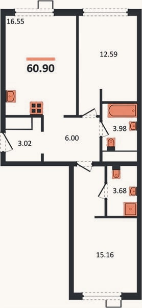 Планировка: 2-к, 60,8 м²