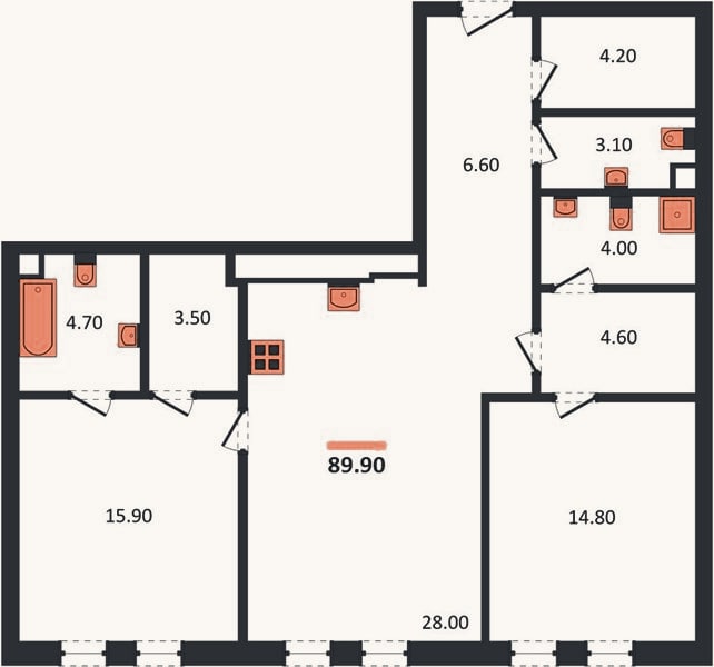 Планировка: 2-к, 89,9 м²