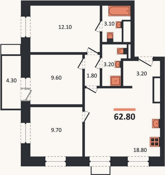 Планировка: 3-к, 62,8 м²