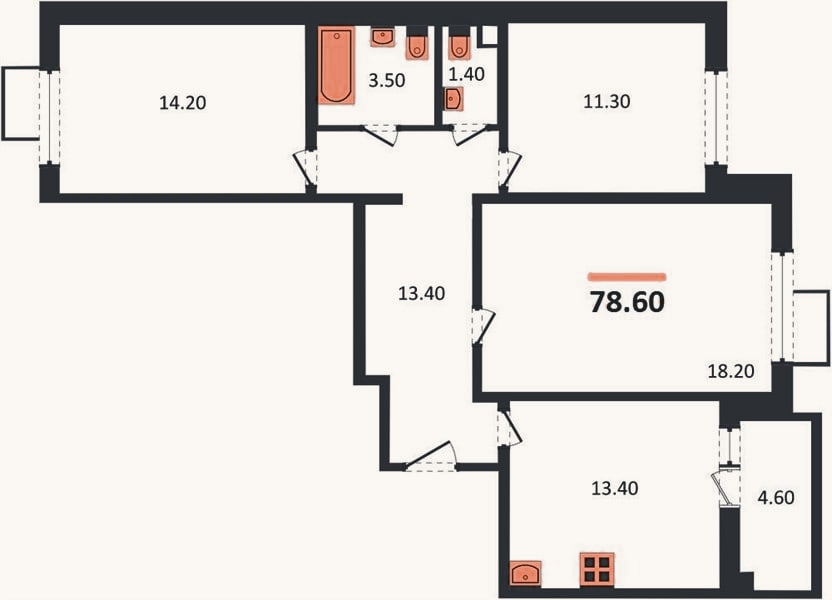 Планировка: 3-к, 78,6 м²