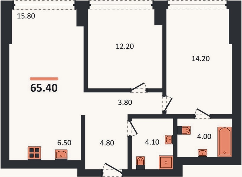 Планировка: 2-к, 65,4 м²