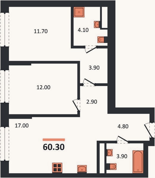 Планировка: 2-к, 60,3 м²