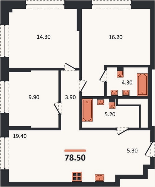 Планировка: 3-к, 78,5 м²