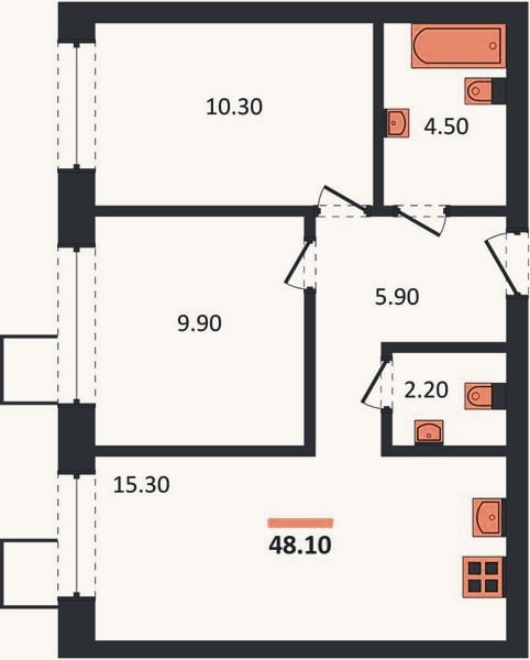 Планировка: 2-к, 48,1 м²