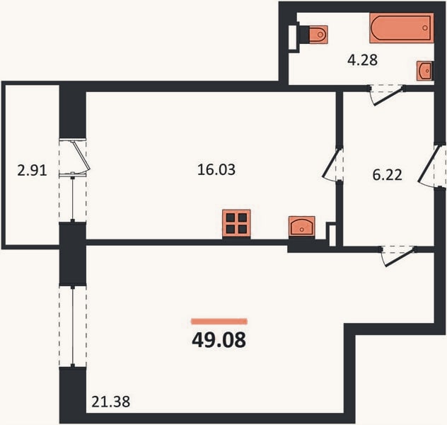 Планировка: 1-к, 48,2 м²