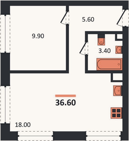 Планировка: 1-к, 35,4 м²