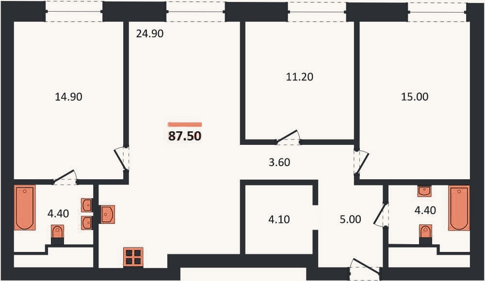 Планировка: 3-к, 87,5 м²