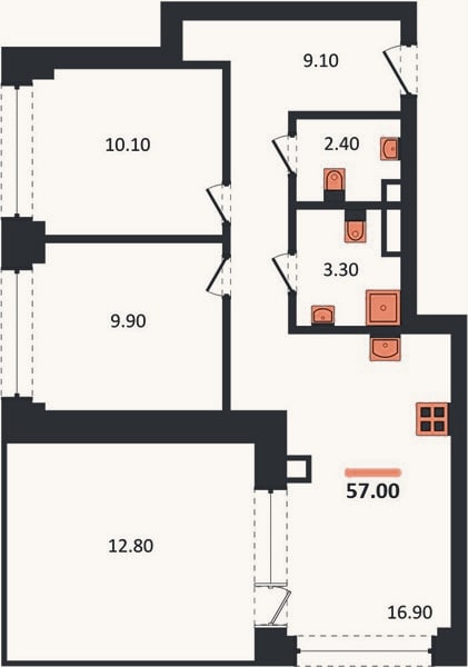 Планировка: 2-к, 57 м²