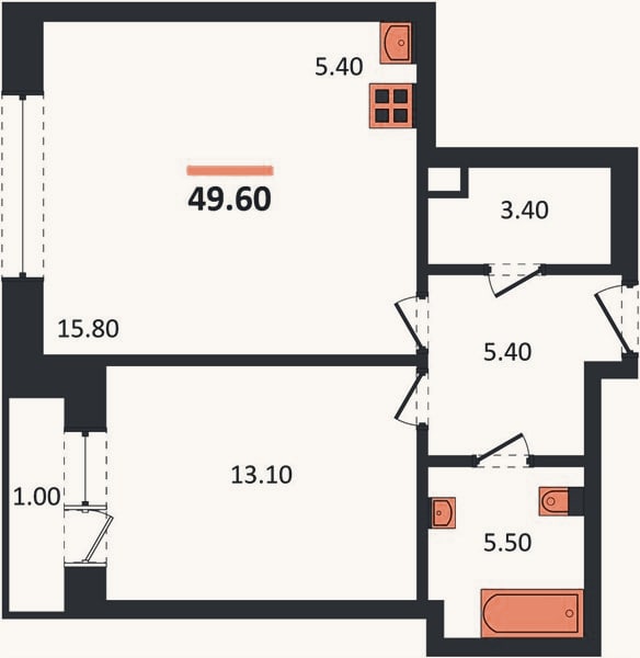 Планировка: 1-к, 49,6 м²