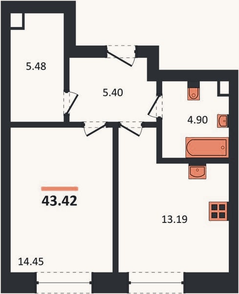Планировка: 1-к, 43,4 м²