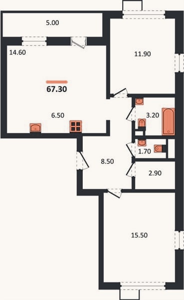 Планировка: 2-к, 67,3 м²