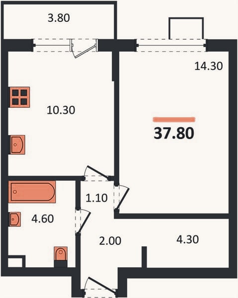 Планировка: 1-к, 37,8 м²