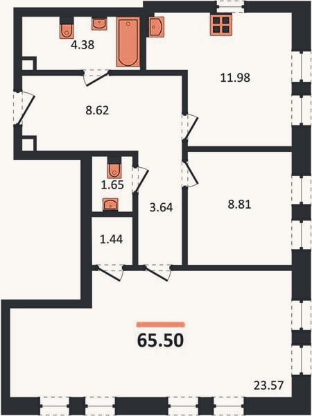 Планировка: 2-к, 65,5 м²