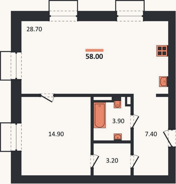 Планировка: 1-к, 58 м²