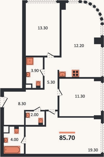 Планировка: 3-к, 85,7 м²