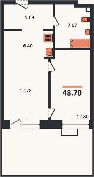 Планировка: 1-к, 48,7 м²