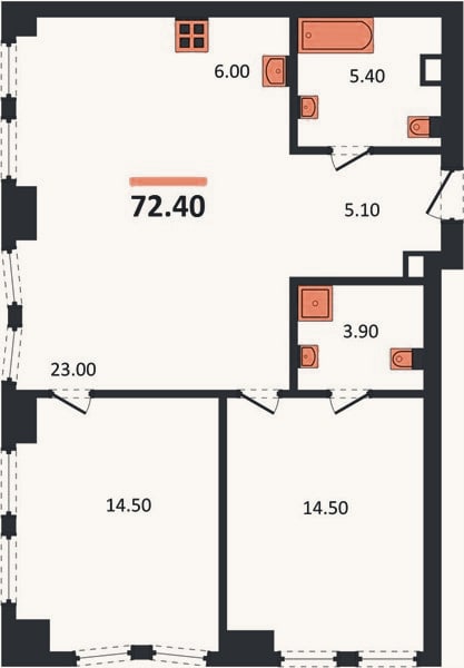 Планировка: 2-к, 72,4 м²
