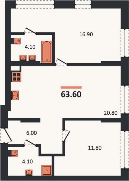 Планировка: 2-к, 63,6 м²